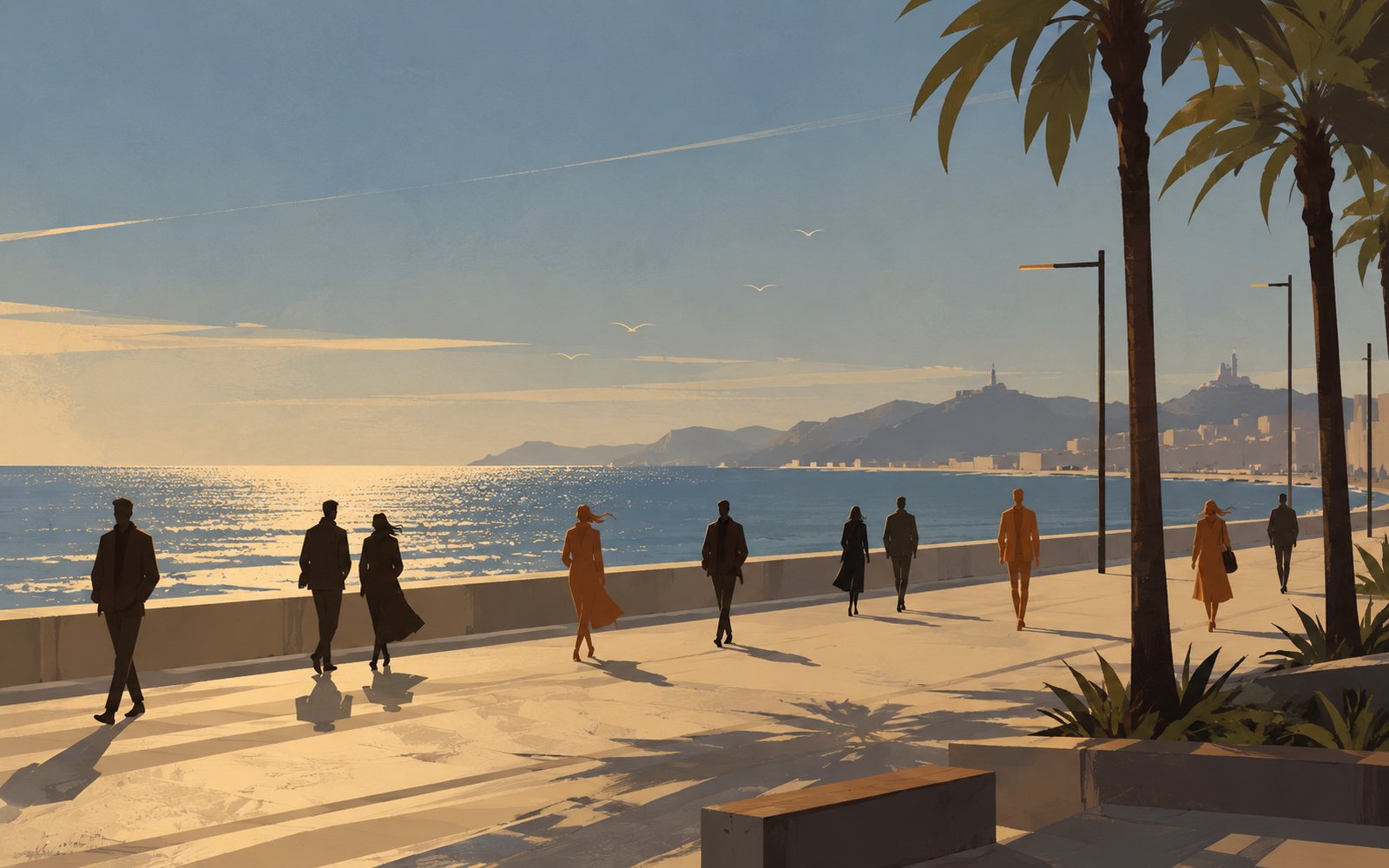 Passants sur la promenade du Prado, à Marseille, au coucher du soleil